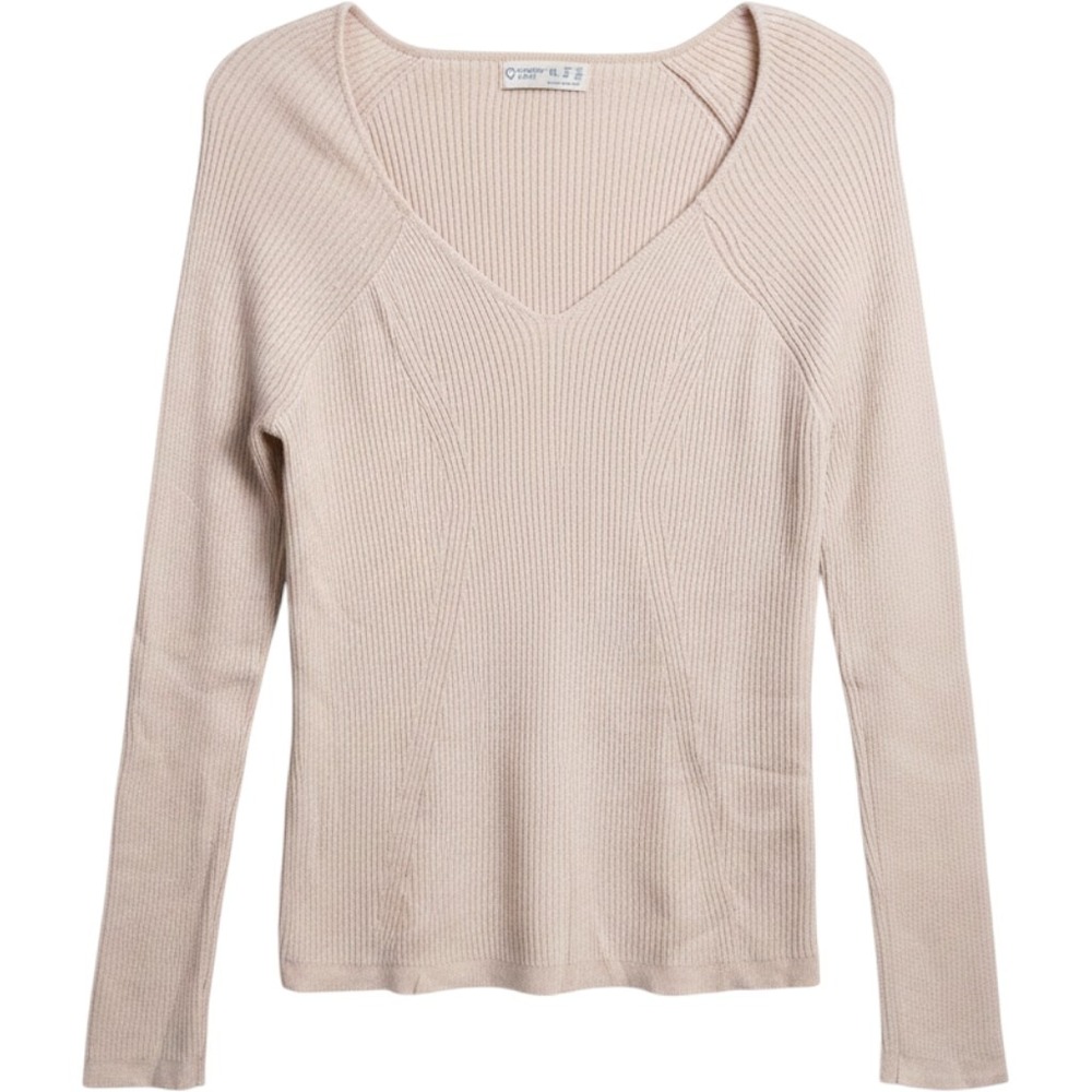 Primark Cares Ribbed V-Neck Sweater Beige Raglan Long Sleeve XL